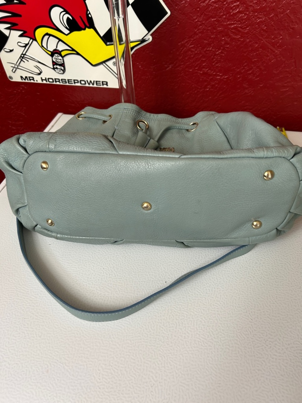 MCM Pale Blue Pebbled Leather Drawstring Hobo Bag - Picture 13 of 15